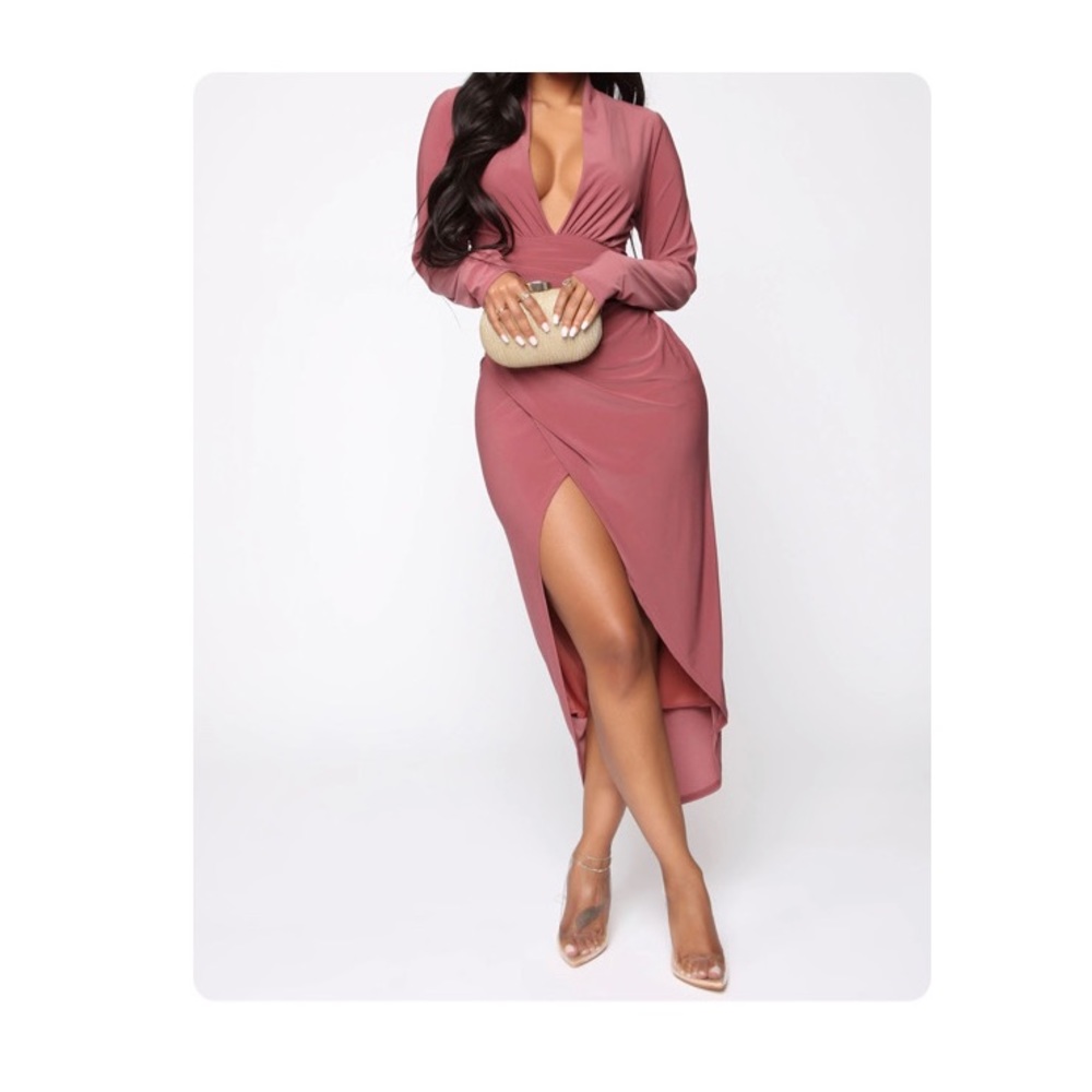 Surplice Midi Dress in Red Brown